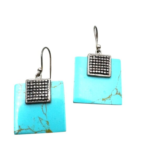Turquoise and Silver Square Earrings - Picture 2 of 5